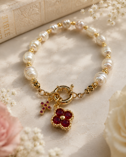 Pearl Bracelet - Clover & Cross Charms, Cubic Zirconia
