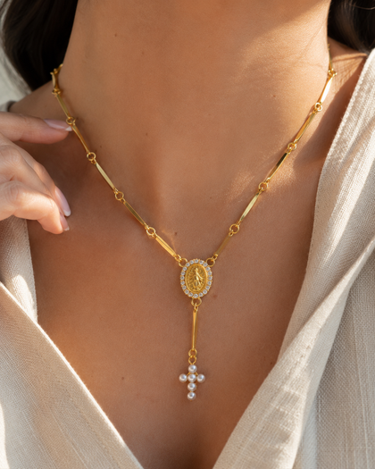 Virgin Mary Necklace - Crystal Halo Medallion & White Pearl Cross, 18k Gold Plated