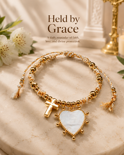 Bead Bracelet - Cross & Heart Charms, Adjustable