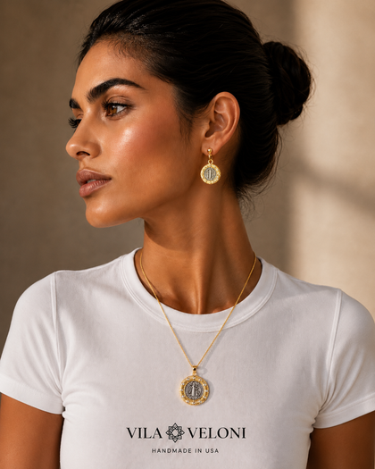 Necklace & Earrings Set - Saint Benedict Medals, Two-Tone Gold and Silver