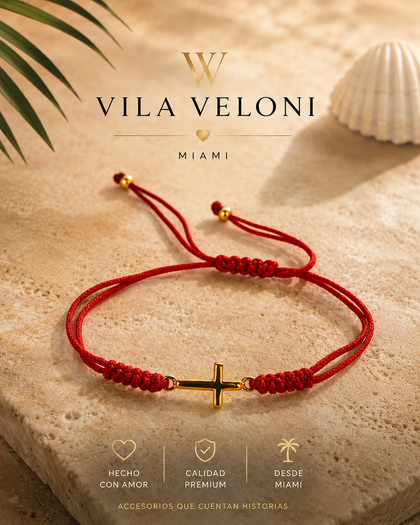 Red String Bracelet - Cross, 18k Gold Plated Brass, Adjustable