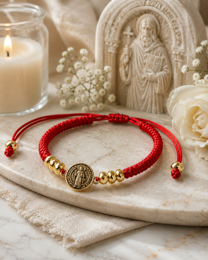 Saint Benedict Bracelet - Red Cord with Gold-Tone Accents, Adjustable