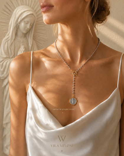 Bead Necklace - Saint Benedict Medal, Two-Tone Lariat with Toggle Closure