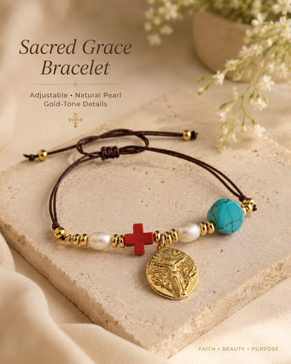 Tree of Life & Cross Bracelet - Medallion with Coral Cross, Pearls & Turquoise, Adjustable