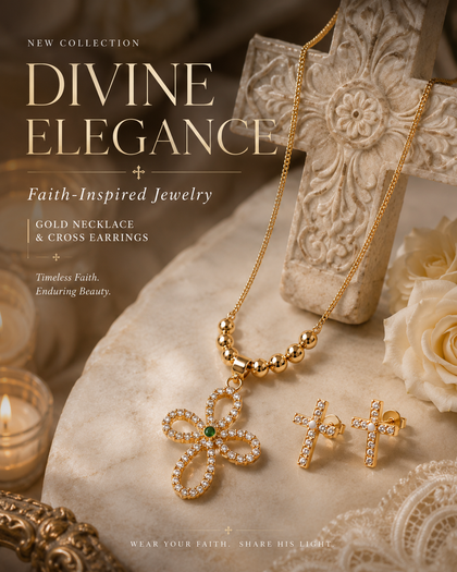 Cross necklace and earring set with cubic zirconia, made of brass with 18k gold plating.