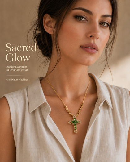 Necklace with Cross Pendant and Green Zirconias in 925 Silver with 18k Gold Plating