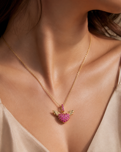 Necklace 18k Gold Plated 925 Sterling Silver Wings Heart Pendant.