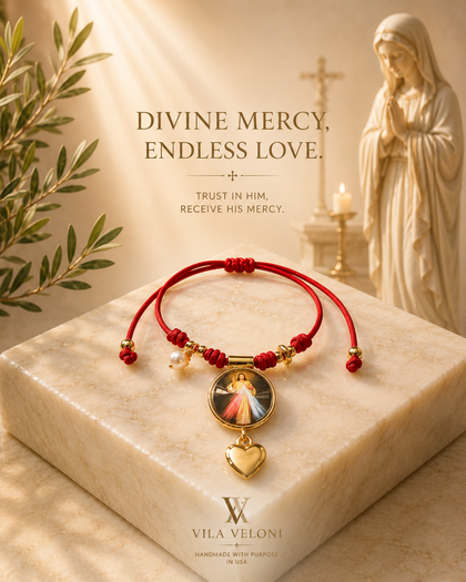 Red Cord Bracelet - Jesus with Heart, Pearl Accent, Adjustable Made USA