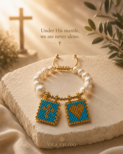 Pearl Bracelet - Cross and Heart Charms, Pearls and Light Blue Crystals, Adjustable