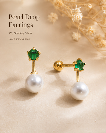 925 Silver and 18k Gold-Plated Earrings with Pearl and Green Zirconia
