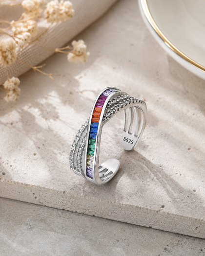 Crossover Ring with Multicolored Cubic Zirconia in 925 Silver and 18k Gold Plating