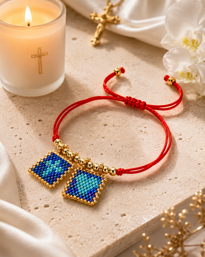 String Bracelet - Royal Blue, Cross & Heart Charms, Gold-Tone Beads, Adjustable