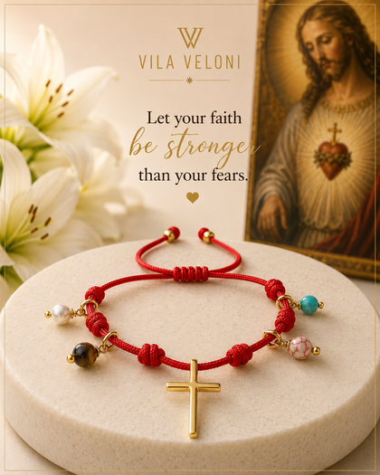 Faith Bracelet - Cross, Natural Gemstones, Adjustable Red String
