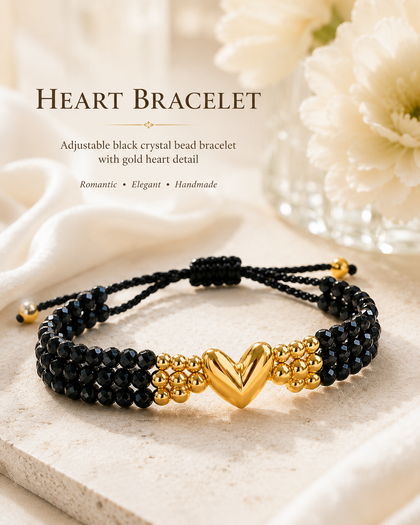 Triple Bracelet - Heart Charm, Black Crystals, Adjustable
