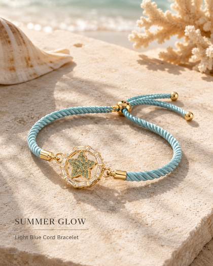 Light Blue Cord Bracelet - Starfish, 18k Gold Plated, Adjustable