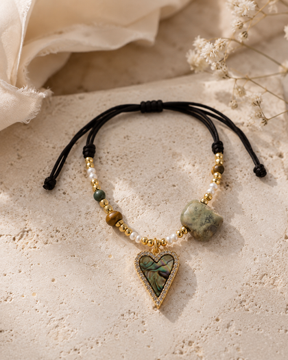 Black Thread Bracelet - Heart Charm with Cubic Zirconia, 18k Gold Plated Brass, Adjustable Made USA