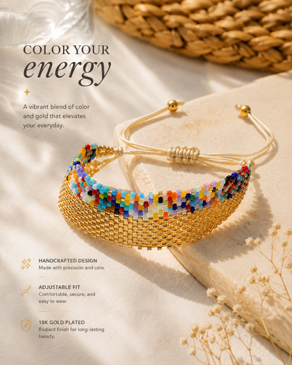 Rainbow Beaded Bracelet - Gold-Tone, Multicolor, Adjustable