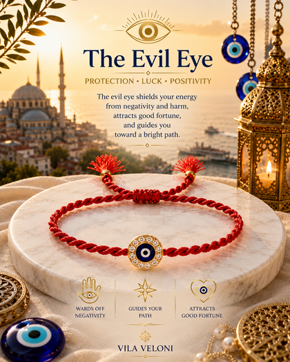 Turkish Evil Eye Bracelet - silver 925 gold plated Cubic Zirconia Charm, Red String, Adjustable