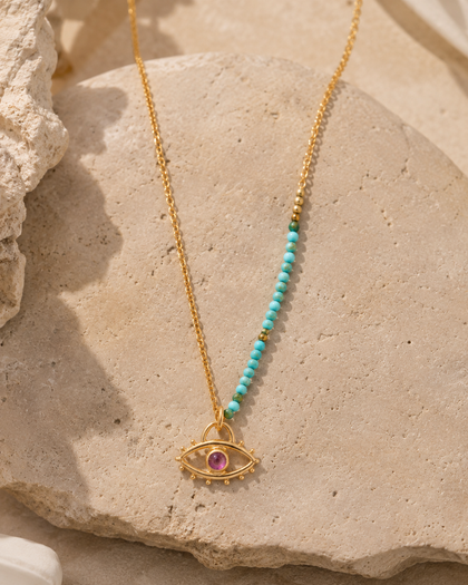 Turkish Eye Necklace - Turquoise Stones & Zirconia, Sterling Silver