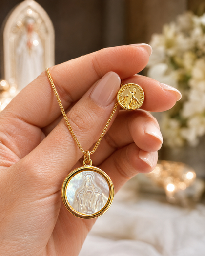 Virgin Mary Necklace and Earrings Set