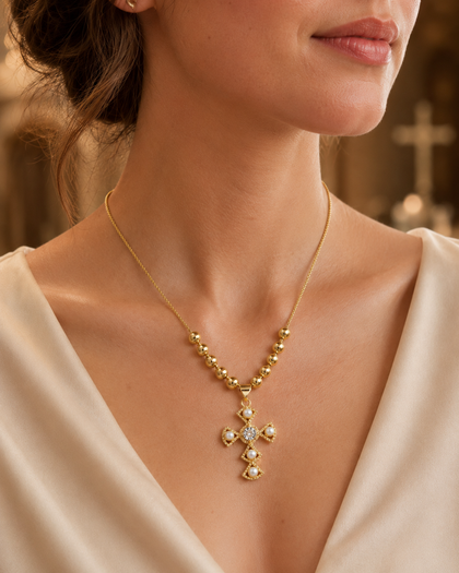Cross necklace with cubic zirconia and pearls in 925 silver and 18k gold plating