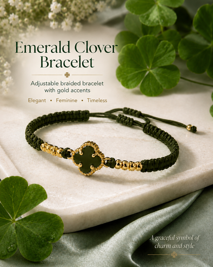 Clover Bracelet - Forest Green, Four-Leaf Clover Charm, Gold-Tone Accents, Adjustable