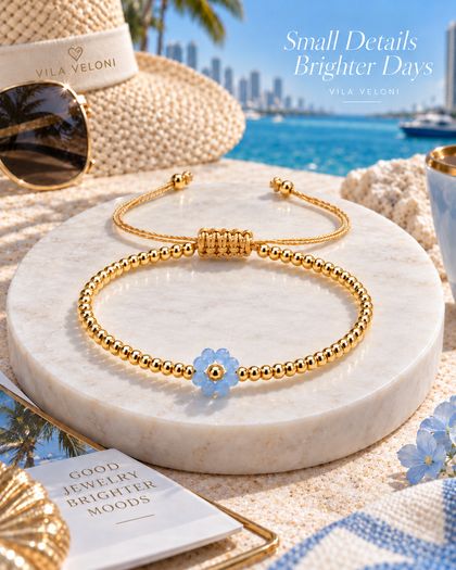 Floral Bracelet - Sky Blue Bloom, Enamel Flower Charm, Gold-Tone Stainless Steel, Adjustable