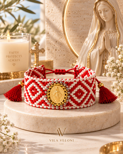 Woven Bracelet - Sacred Red, Virgin Mary Medal, 18k Gold Plated