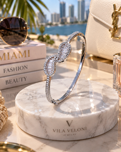 Teardrop Zirconia Bangle - Silver Radiance, Double Teardrop Centerpiece