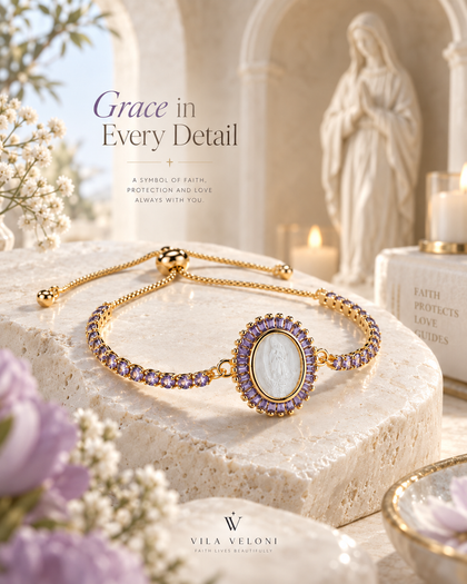 Our Lady of Guadalupe Bracelet - Lavender, Mother-of-Pearl, Brass 18k Gold Plated, Adjustable