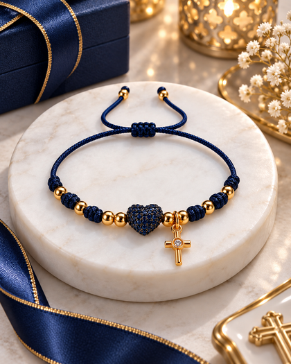 Adjustable Navy Blue Bracelet with Heart and Cross