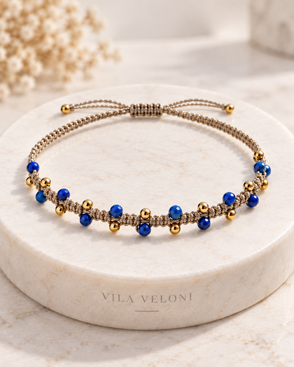 Cord Bracelet with Beads and Navy Blue Crystals