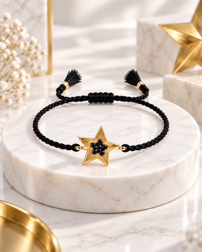 Black Cord Bracelet with 925 Silver Star and 18k Gold Plating