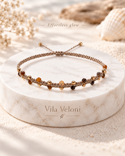 Adjustable Beige Cord Bracelet with Crystals