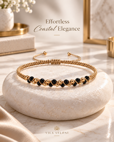 Woven-Design Bracelet with Black Crystals and Small Metal Beads