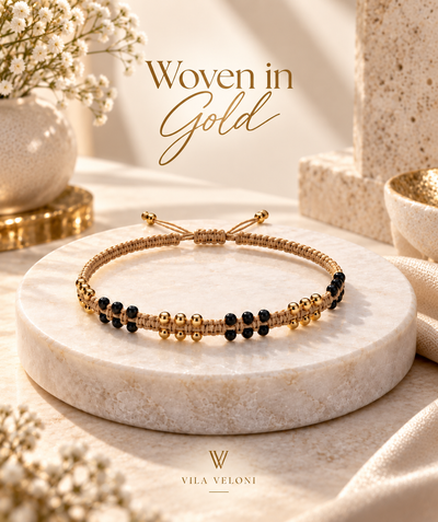 Adjustable Bracelet with Black Crystals and Beads