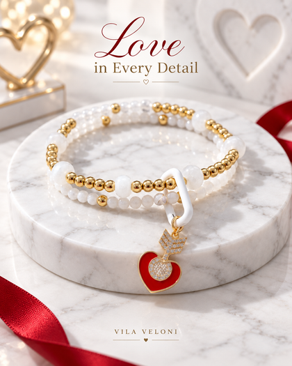 Double Bracelet - Red Heart & Arrow Charm, 18k Gold Plated, Adjustable
