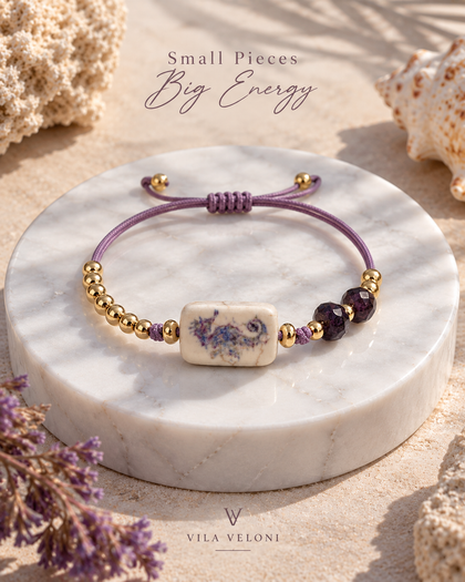 Purple Thread Bracelet - Seahorse Charm, 18k Gold Plated Crystals, Adjustable