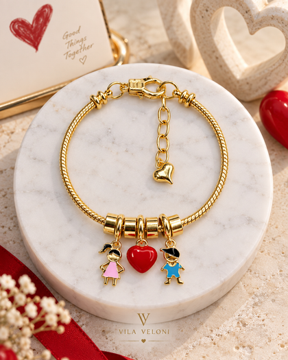 Boy and Girl Bracelet - Red Heart Charm, 18k Gold-Plated Brass, Adjustable