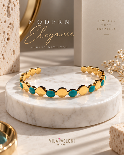 Copper Bracelet - Sky Blue Semi-Precious Stone, 18k Gold Plated