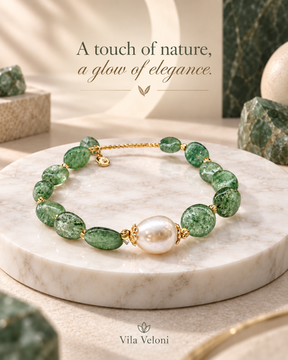 Bracelet - Green Semiprecious Stones and Pearl, Brass, Adjustable