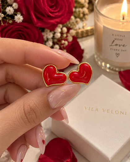Red Heart Earrings in Brass and 18k Gold Plating