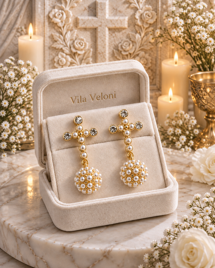 Pearl and Cross Earrings-18k gold plating