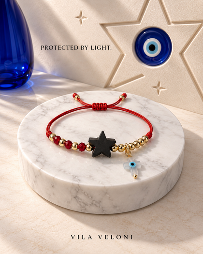 Red String Bracelet with Star and Turkish Eye Cross