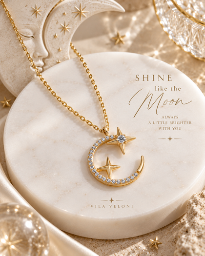 Sparkles of the Cosmos Necklace Moon and Stars in 925 silver and 18k gold plating