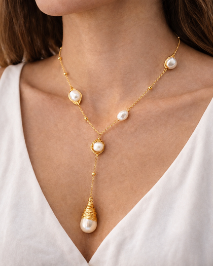 Celeste Pearl Necklace - Lariat with Baroque Pearl Drop, Gold-Tone