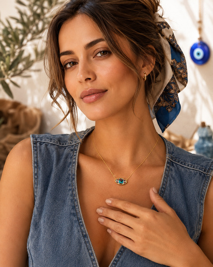 Nazar Aura Necklace - Evil Eye Pendant, Sterling Silver & 18k Gold Plated