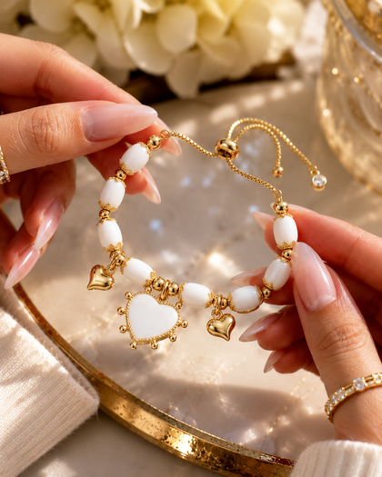 Amour Pearl Heart Bracelet - Heart Charm, 18K Gold-Plated Brass, Adjustable