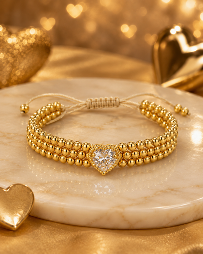 Heart Bead Bracelet - Cubic Zirconia Heart, 18k Gold Plated Brass, Adjustable