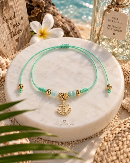 Ocean Breeze Bracelet - Gold Anchor Charm, Adjustable